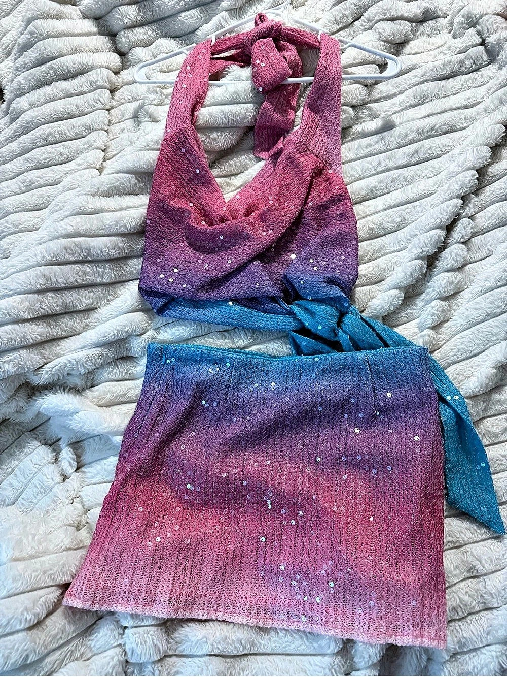 PEPPERMAYO TWO PIECE Sequin Halter Mini skirt in Pink & Blue NWT